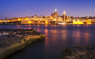 Twliight view of Valletta, the Maltese capital; Valletta, Valletta, Malta