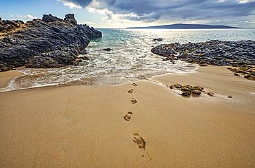 Footprints on the sand lead to the shore from the water's edge, with rugged lava rock lining the coastline; Kihei, Maui, Hawaii, United States of America