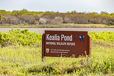 Kealia Pond National Wildlife Refuge sign indicating responsible government agencies. This refuge is located near Kihei, Maui; Maui, Hawaii, United States of America