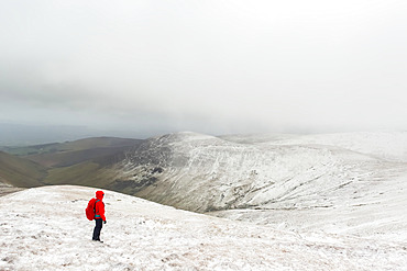 Female hiker in red jacket hiking on a snow-covered mountain in winter in bad weather, Galty Mountains; County Tipperary, Ireland