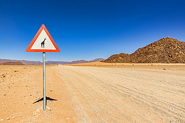 Attention wild animals sign on a long dry road, Namib Desert, Namib-Naukluft National Park; Namibia