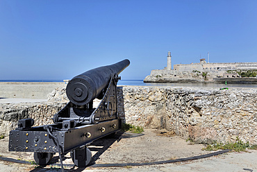 Cannon, Castillo de San Salvador de la Punta, Castillo del Morro (background); Central; Havana, Cuba