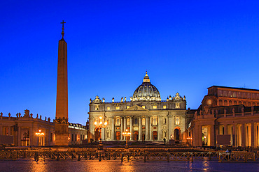 St Peter's Basilica in St Peter's Square at night in Vatican City; Rome, Lazio, Italy