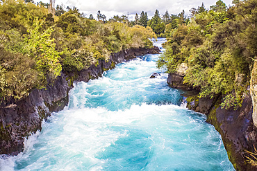 Scenic overview of the Huka Falls along the Waikato River and surrounding area;  Wairakei, New Zealand