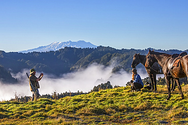 The Blue Duck lodge located in the Whanganui National Park is a working cattle farm with a focus on conservation. Travellers go to a scenic viewpoint to watch the sunrise over the rainforest; Retaruke, Manawatu-Wanganui, New Zealand