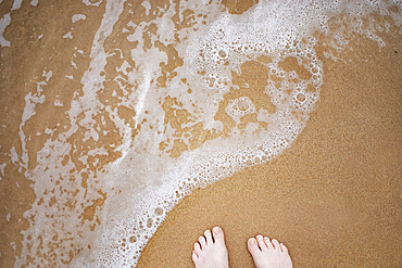 Viewpoint, looking down at feet standing next to foamy surf on Kamaole Beach at the water's edge, Kihei, Maui, Hawaii, United States of America