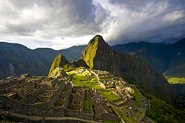 Reconstructed stone buildings on Machu Picchu, Peru