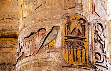 Close-up view of the hieroglyphics on the columns of the Great Hypostyle Hall in the Karnak Temple Complex near Luxor, Precinct of Amun-Re, Luxor, Egypt