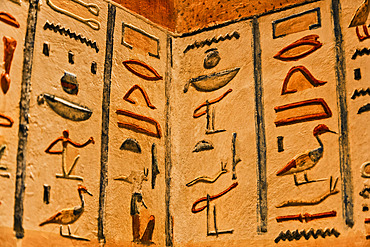 Close-up of bas-relief hieroglyphics painted on the walls of the Royal Tomb of Ramses IV, Valley of the Kings, Thebes, UNESCO World Heritage Site, Egypt, North Africa, Africa