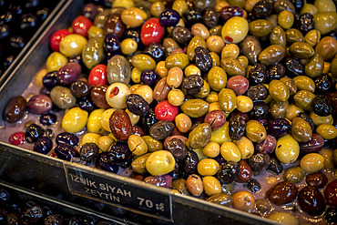 Olives for sale at Kadikoy produce market in Kadikoy, Istanbul, Istanbul, Turkey