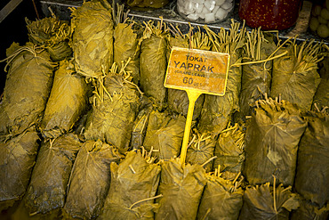 Vine leaves for sale at Kadikoy produce market in Kadikoy, Istanbul, Istanbul, Turkey