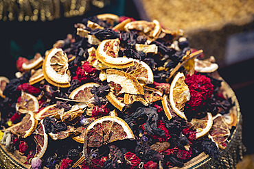 Dried flowers and fruit as a tea for sale at the Spice Bazaar, Istanbul, Turkey