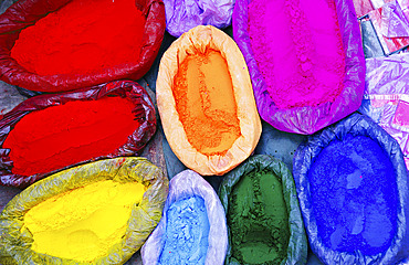 Colorful dyes for sale on the streets of Kathmandu, Kathmandu, Nepal