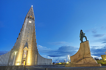 Hallgrimskirkja Church at dusk, Reykjavik, Iceland