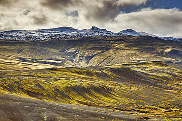 Vast rugged landscape with snow-capped mountains and snows of Snaefellsjokull, Snaefellsnes peninsula, west coast of Iceland, Iceland