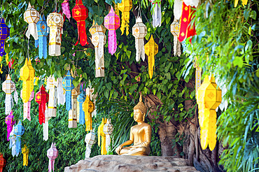 Buddha statue and colorful lanterns, Chiang Mai, Thailand