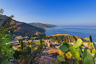 Beautiful coastline and town of Taormina, Sicily, Italy on a bright sunny day, Taormina, Sicily, Italy