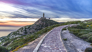 Cobblestone trail leading to Sandalo Lighthouse at sunset, Carloforte, South Sardinia, Italy