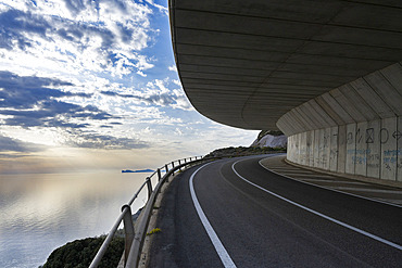 View of the Mediterranean Sea along the coastal highway, Galleria Panoramica Capo d 'Aquila, Villanova Monteleone, Province of Sassari, Sardinia, Italy