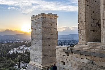 Architecture at the Acropolis of Athens and a view of the city of Athens at sunset, Athens, Greece