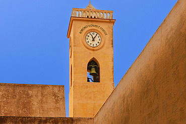 Clock and bell tower in Scauri village on the island of Pantelleria, Italy, Pantelleria, Sicily, Italy