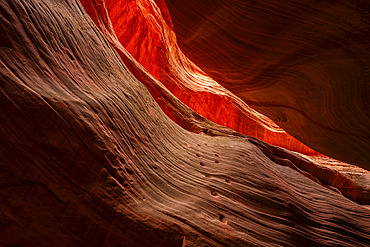 Sunlight illuminates the red striations of Mystic Canyon, an amazing place to walk through and explore. Eons of erosion have created amazing feats of nature, Kanab, Utah, United States of America