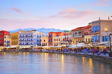 The Venetian Harbour at dusk, Chania, Crete, Greek Islands, Greece, Europe