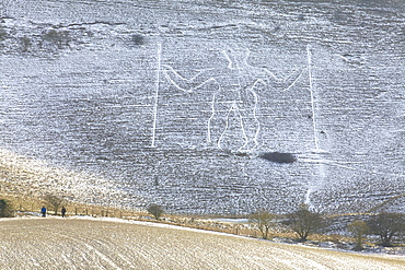 Snow covered Long Man of Wilmington, Wilmington, South Downs, East Sussex, England, United Kingdom, Europe