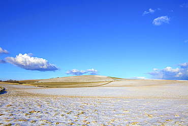 Snow covered South Downs farm land, East Dean, East Sussex, England, United Kingdom, Europe