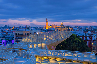 Panoramic Terraces of Las Setas at dusk, Seville, Andalusia, Spain, Europe