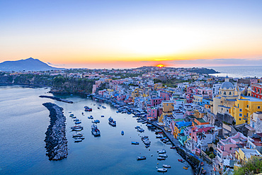 Aerial of Marina di Corricella at Sunset, Procida, Flegrean Islands, Campania, Italy, Europe