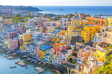 Aerial of Marina di Corricella at Sunset, Procida, Flegrean Islands, Campania, Italy, Europe