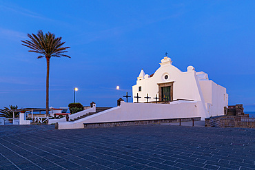 Chiesa del Soccorso at dawn with Full Moon, Forio, Island of Ischia, Campania, Italy, Europe