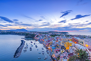 Marina di Corricella at sunset, Procida, Flegrean Islands, Campania, Italy, Europe