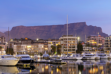 V&A (Victoria and Alfred) Waterfront and Table Mountain at dusk, Cape Town, Western Cape Province, South Africa, Africa