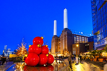 Christmas Decorations at Battersea Power Station at dusk, Battersea, London, England, United Kingdom.