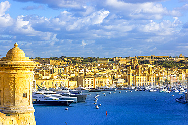 View of Birgu and Fort St. Angelo from the Upper Barrakka Gardens, Valletta, Malta, Southern Europe