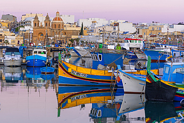 Parish Church of Our Lady of Pompei and Fishing Harbour, Marsaxlokk, Malta, Southern Europe