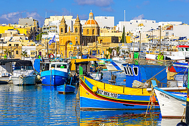 Parish Church of Our Lady of Pompei and Fishing Harbour, Marsaxlokk, Malta, Southern Europe