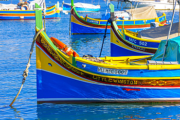 A Colourful Luzzu with the Eye of Osiris in Marsaxlokk Harbour, Marsaxlokk, Malta, Southern Europe