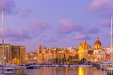 Church of St. Lawrence and Malta Maritime Museum at Dusk, Grand Harbour, Birgu, Malta, Southern Europe