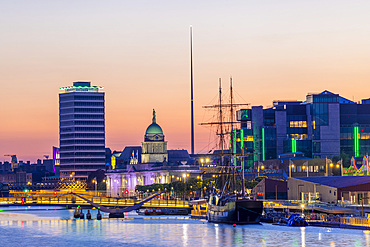 The Treasury Dock, Dublin Spire and the The Jeanie Johnston Tall Ship at Dusk, Dublin, Republic of Ireland, Europe