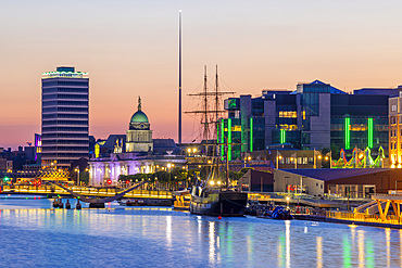 The Treasury Dock, Dublin Spire and the The Jeanie Johnston Tall Ship at Dusk, Dublin, Republic of Ireland, Europe