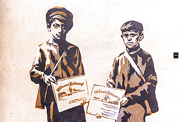 Mural Illustrations of Jewish People in the Jewish Quarter, Vilnius, Lithuania, Northern Europe