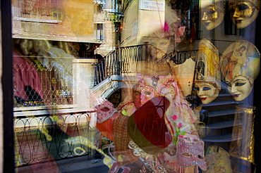 Reflection of Venetian masks, Venice, Veneto, Italy, Europe