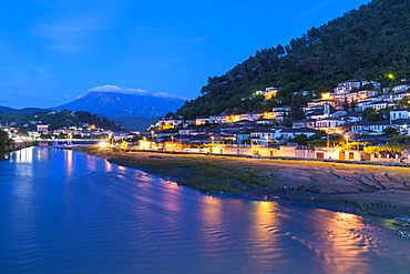 Ottoman houses built on the hills overlooking Berat City at sunset, UNESCO World Heritage Site, Berat, Albania, Europe