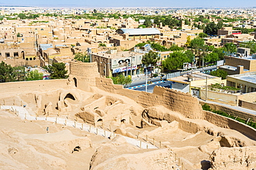 Narin Qaleh (Narin Ghaleh) ramparts and the city viewed from Meybod mud-brick fortress, Meybod, Yazd Province, Iran, Middle East