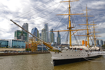 View over the city skyline at Puerto Madero with the frigate Sarmiento, Buenos Aires, Argentina, South America