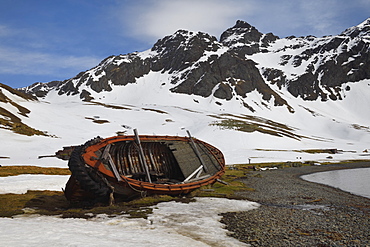 Whaleboat wreck, former Grytviken whaling station, King Edward Cove, South Georgia and the Sandwich Islands, Antarctica, Polar Regions