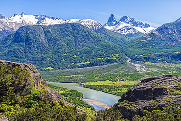 Castillo mountain range and Ibanez River wide valley viewed from the Pan-American Highway, Aysen Region, Patagonia, Chile, South America